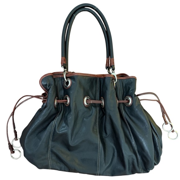 Leather Large Bucket Bag Y2K Vibes Neutral Black and Tan - Picture 1 of 10